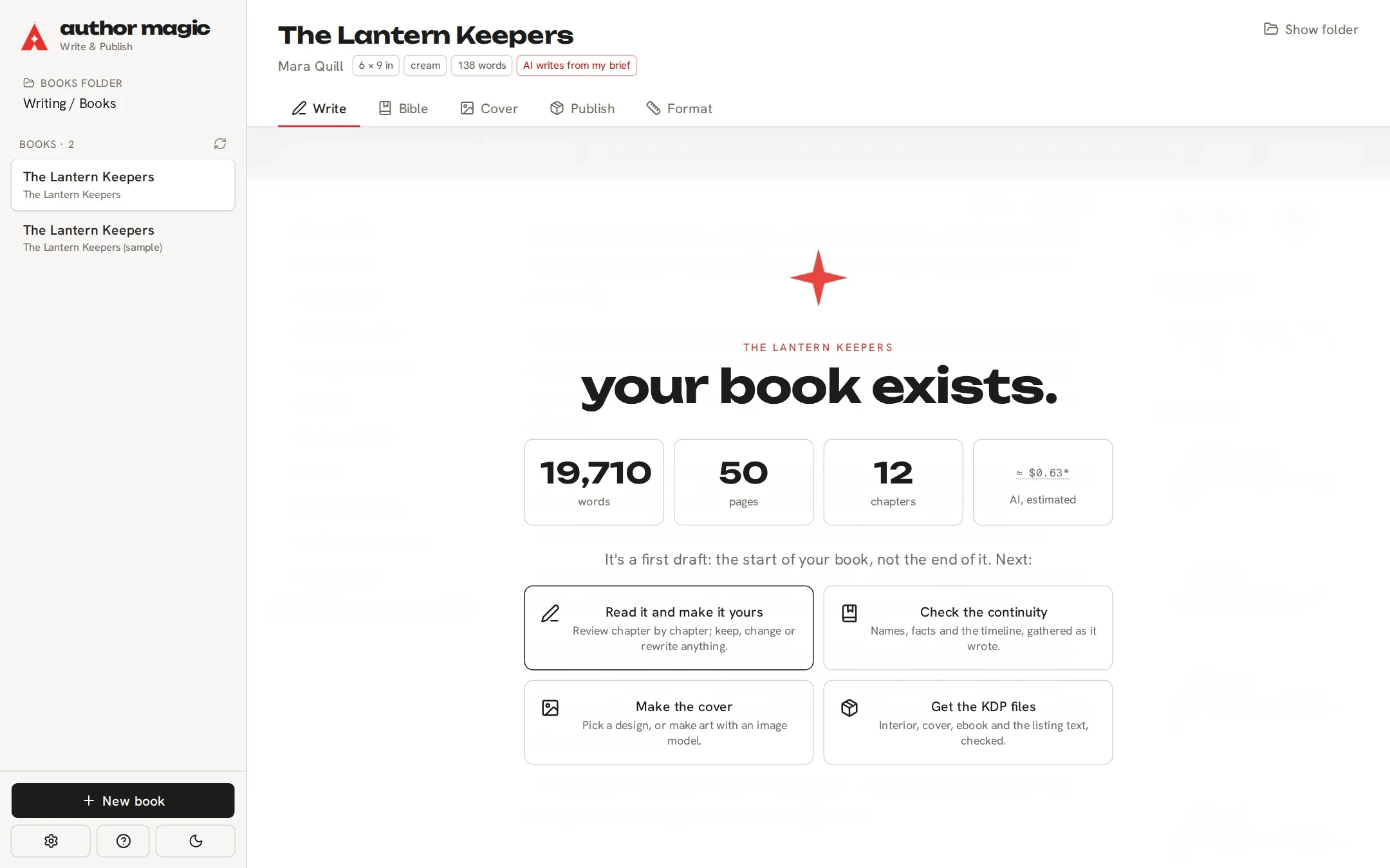 The finish screen: your book exists, with the word, page and chapter counts and the next steps