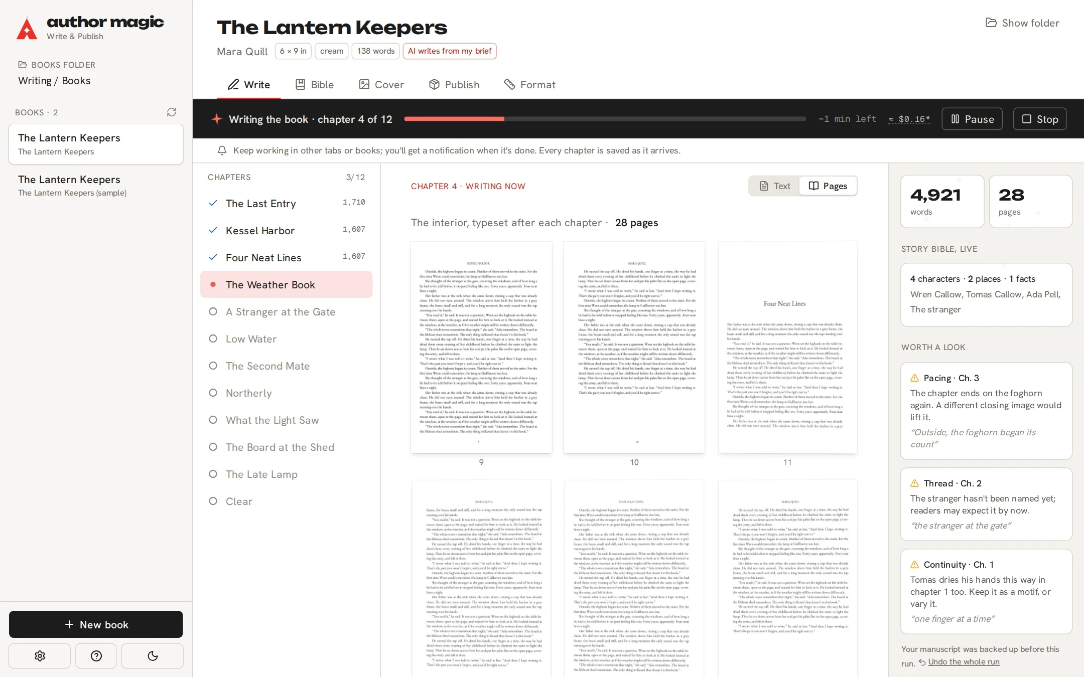 The Pages view while the book writes: the interior typeset after each chapter, with the live page count